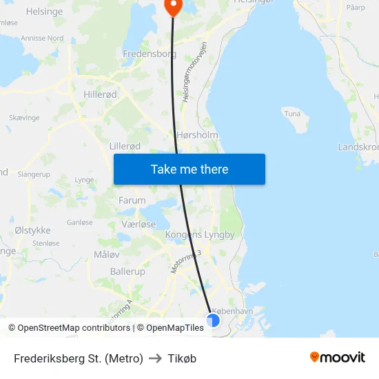 Frederiksberg St. (Metro) to Tikøb map