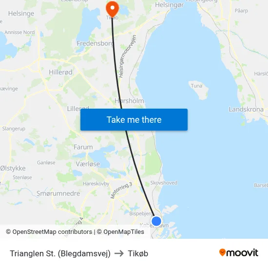 Trianglen St. (Blegdamsvej) to Tikøb map