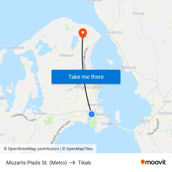 Mozarts Plads St. (Metro) to Tikøb map