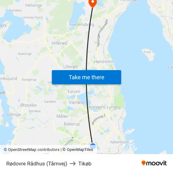 Rødovre Rådhus (Tårnvej) to Tikøb map