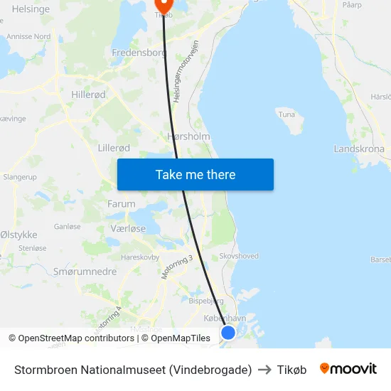 Stormbroen Nationalmuseet (Vindebrogade) to Tikøb map