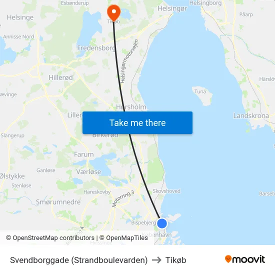 Svendborggade (Strandboulevarden) to Tikøb map