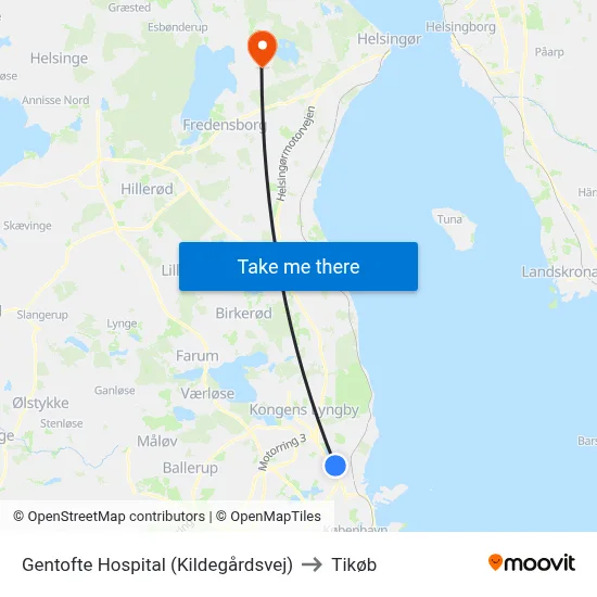 Gentofte Hospital (Kildegårdsvej) to Tikøb map