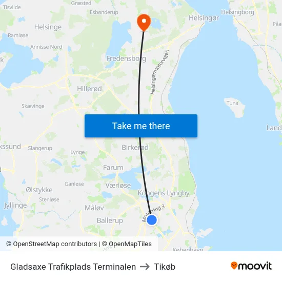 Gladsaxe Trafikplads Terminalen to Tikøb map