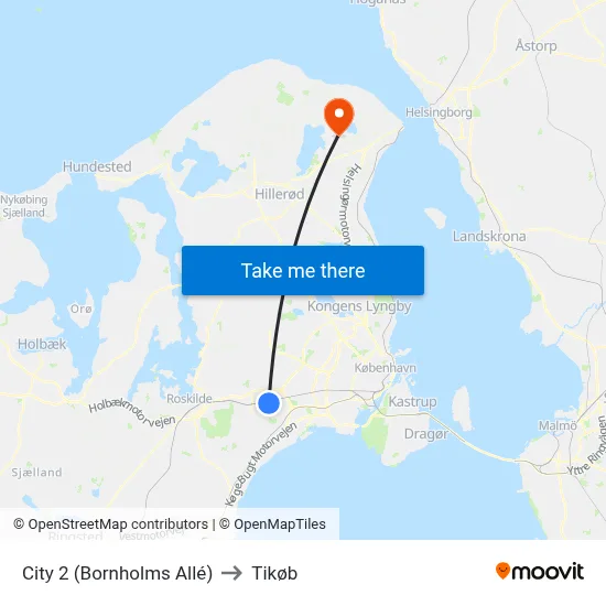 City 2 (Bornholms Allé) to Tikøb map