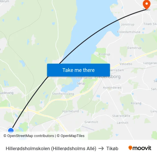 Hillerødsholmskolen (Hillerødsholms Allé) to Tikøb map
