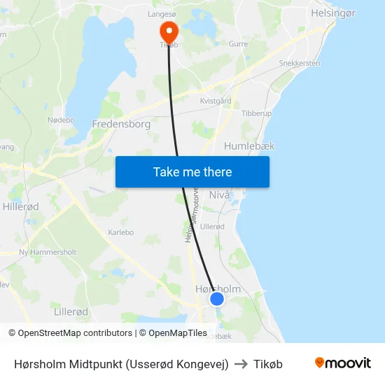 Hørsholm Midtpunkt (Usserød Kongevej) to Tikøb map