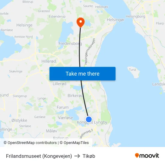 Frilandsmuseet (Kongevejen) to Tikøb map