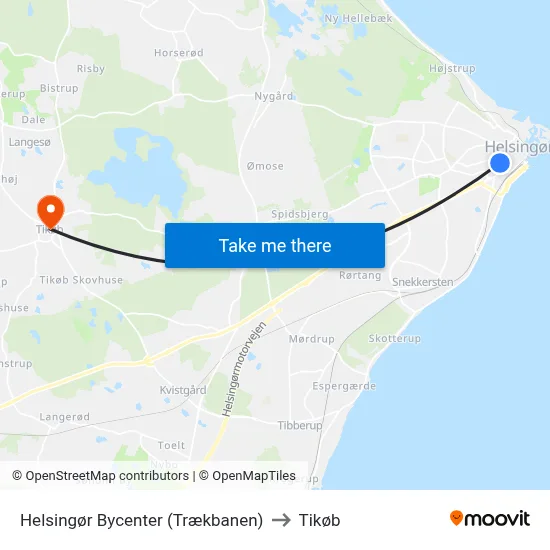 Helsingør Bycenter (Trækbanen) to Tikøb map