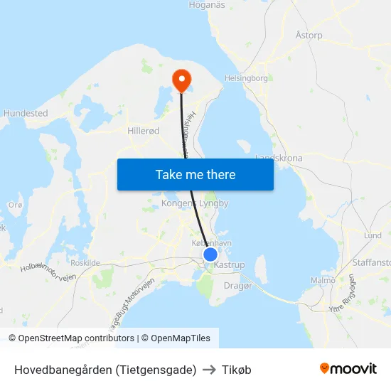 Hovedbanegården (Tietgensgade) to Tikøb map