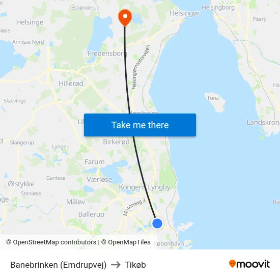 Banebrinken (Emdrupvej) to Tikøb map
