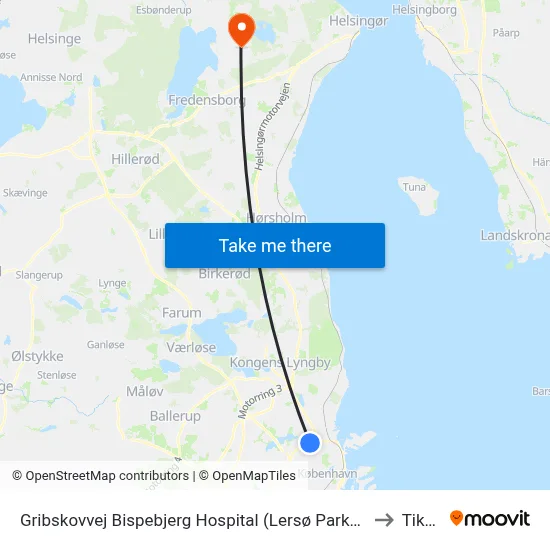 Gribskovvej Bispebjerg Hospital (Lersø Parkallé) to Tikøb map