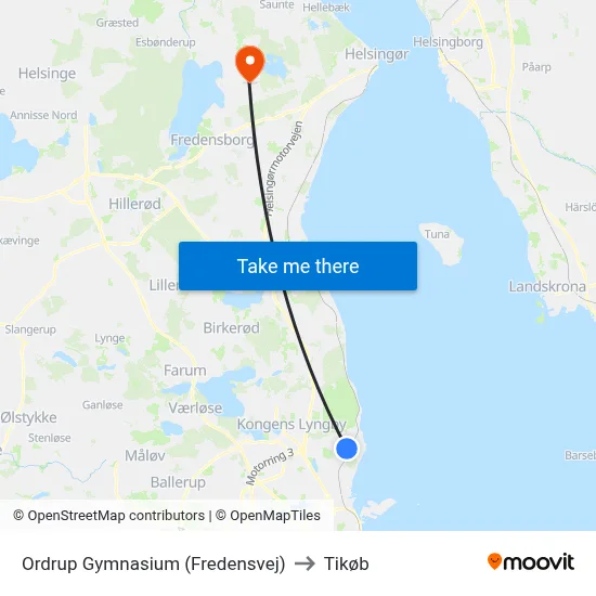 Ordrup Gymnasium (Fredensvej) to Tikøb map