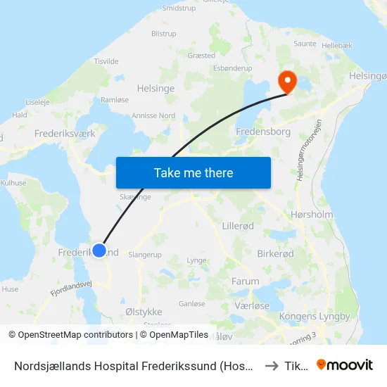 Nordsjællands Hospital Frederikssund (Hospitalvej) to Tikøb map