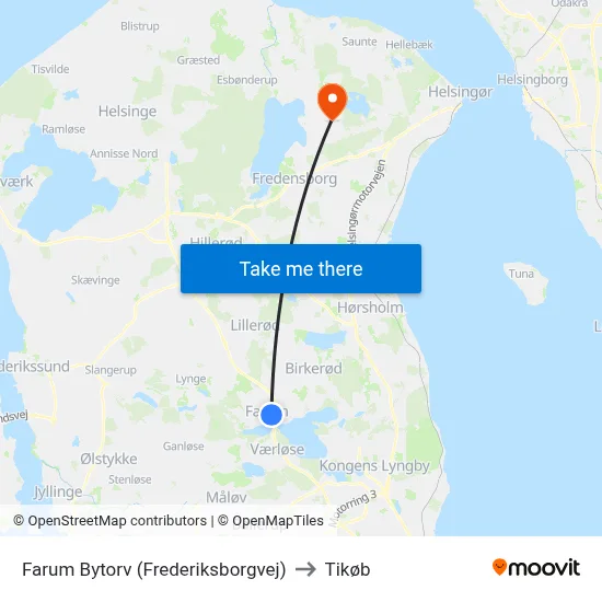 Farum Bytorv (Frederiksborgvej) to Tikøb map