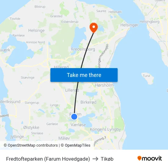 Fredtofteparken (Farum Hovedgade) to Tikøb map
