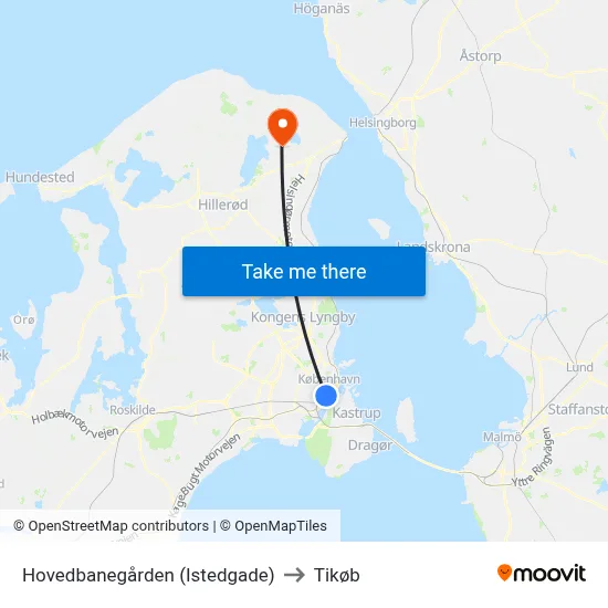 Hovedbanegården (Istedgade) to Tikøb map
