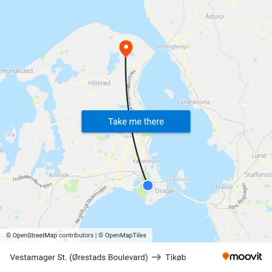 Vestamager St. (Ørestads Boulevard) to Tikøb map