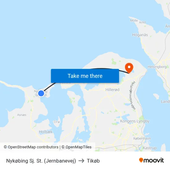 Nykøbing Sj. St. (Jernbanevej) to Tikøb map