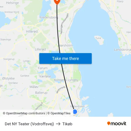 Det NY Teater (Vodroffsvej) to Tikøb map