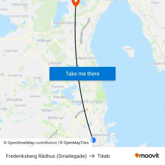 Frederiksberg Rådhus (Smallegade) to Tikøb map