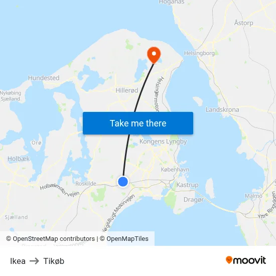 Ikea to Tikøb map