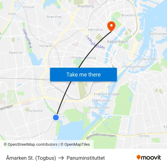 Åmarken St. (Togbus) to Panuminstituttet map
