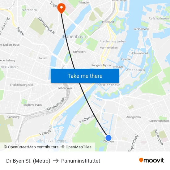 Dr Byen St. (Metro) to Panuminstituttet map