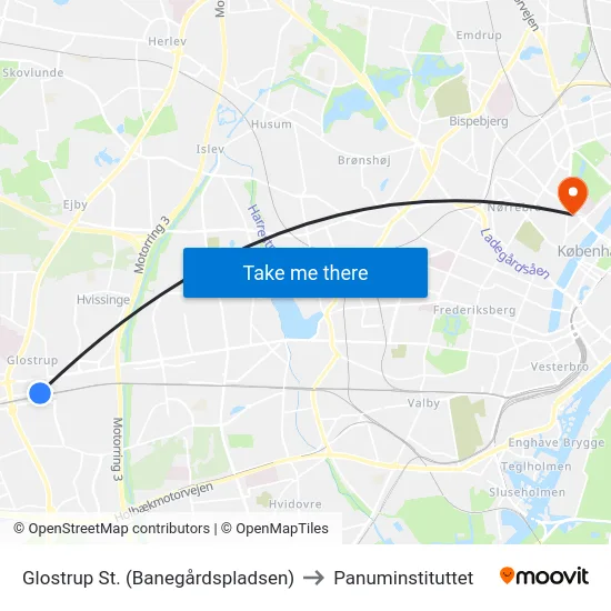 Glostrup St. (Banegårdspladsen) to Panuminstituttet map