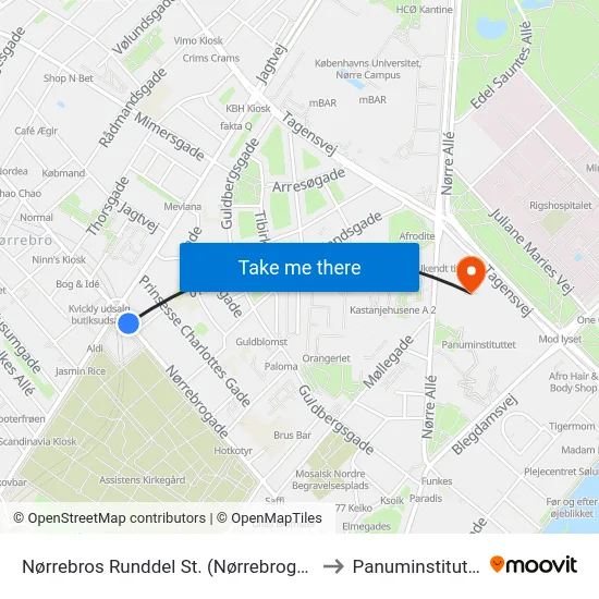 Nørrebros Runddel St. (Nørrebrogade) to Panuminstituttet map