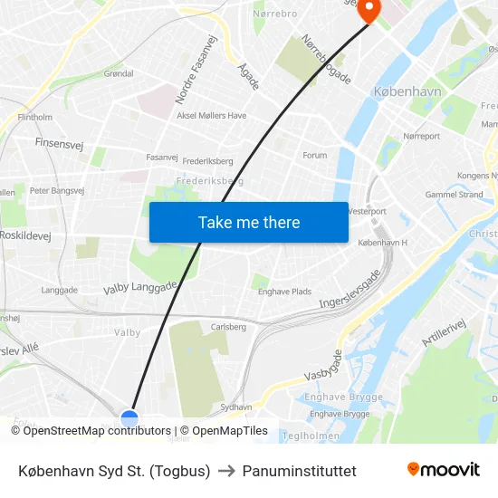 København Syd St. (Togbus) to Panuminstituttet map