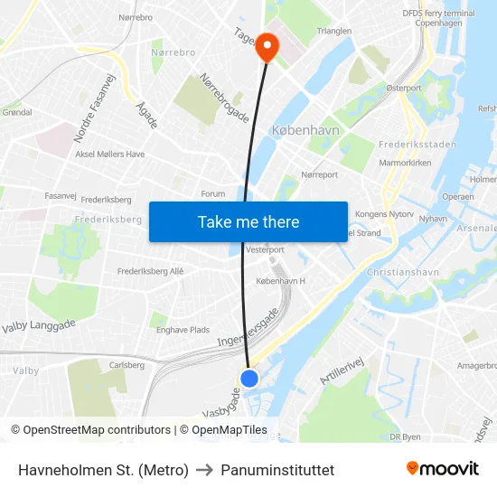 Havneholmen St. (Metro) to Panuminstituttet map