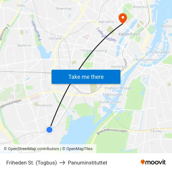 Friheden St. (Togbus) to Panuminstituttet map