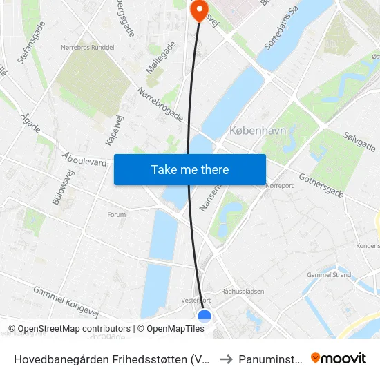 Hovedbanegården Frihedsstøtten (Vesterbrogade) to Panuminstituttet map