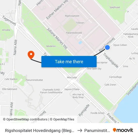 Rigshospitalet Hovedindgang (Blegdamsvej) to Panuminstituttet map