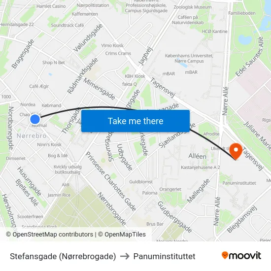 Stefansgade (Nørrebrogade) to Panuminstituttet map