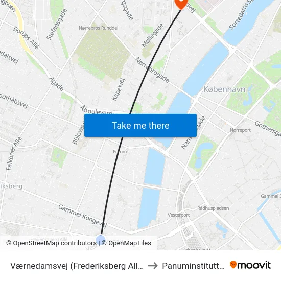Værnedamsvej (Frederiksberg Allé) to Panuminstituttet map