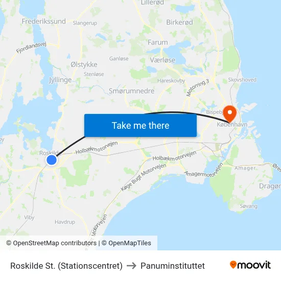 Roskilde St. (Stationscentret) to Panuminstituttet map