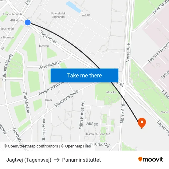 Jagtvej (Tagensvej) to Panuminstituttet map