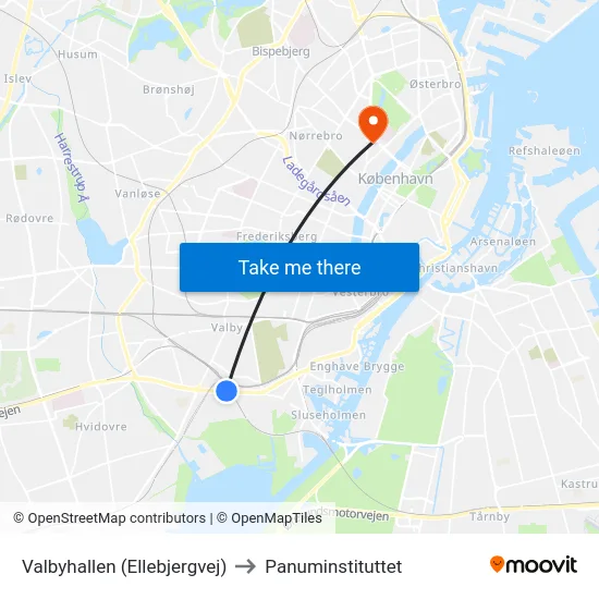 Valbyhallen (Ellebjergvej) to Panuminstituttet map