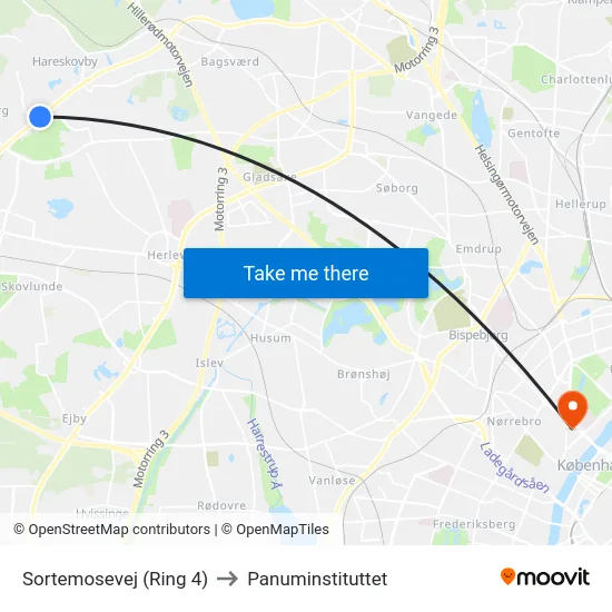 Sortemosevej (Ring 4) to Panuminstituttet map