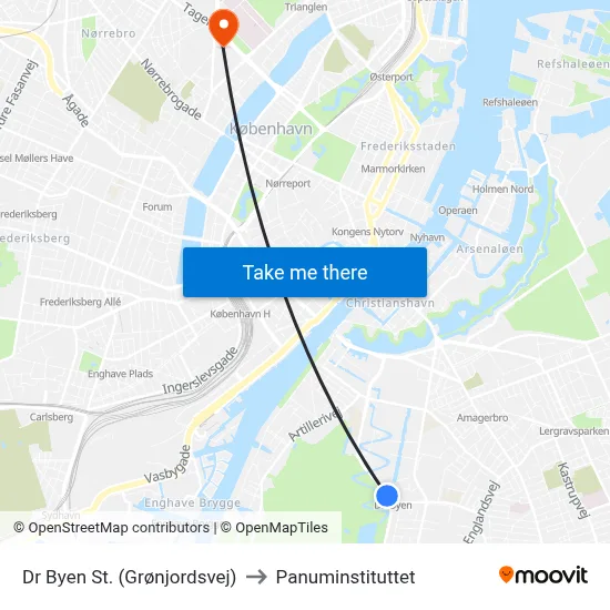 Dr Byen St. (Grønjordsvej) to Panuminstituttet map