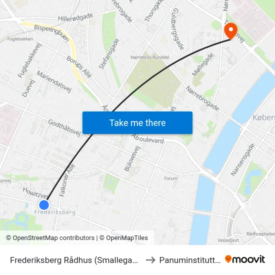 Frederiksberg Rådhus (Smallegade) to Panuminstituttet map