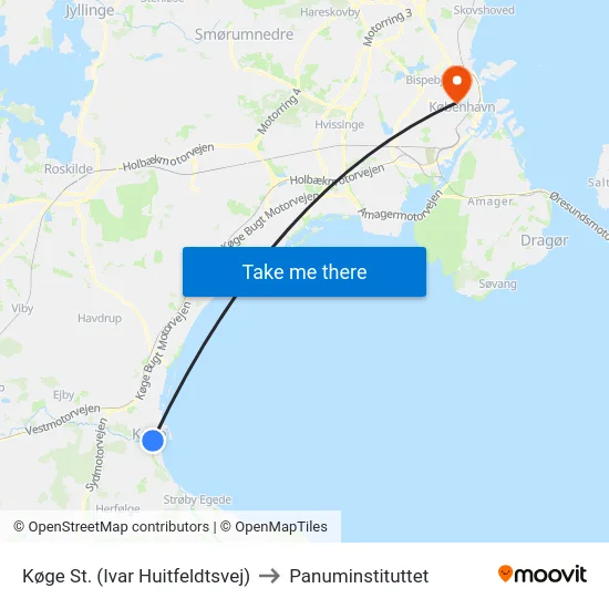 Køge St. (Ivar Huitfeldtsvej) to Panuminstituttet map
