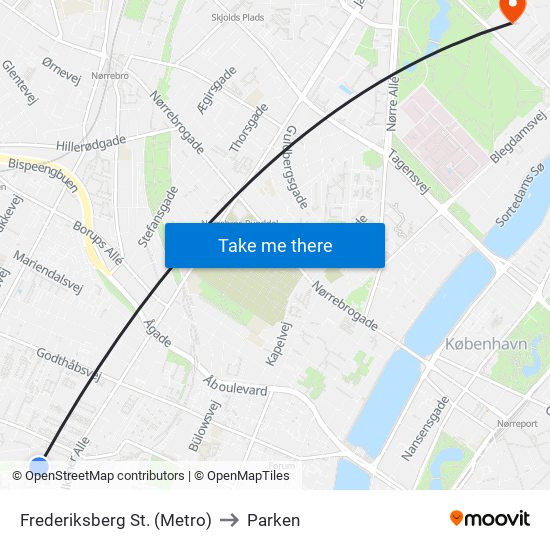 Frederiksberg St. (Metro) to Parken map