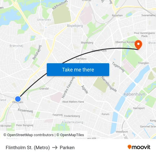 Flintholm St. (Metro) to Parken map