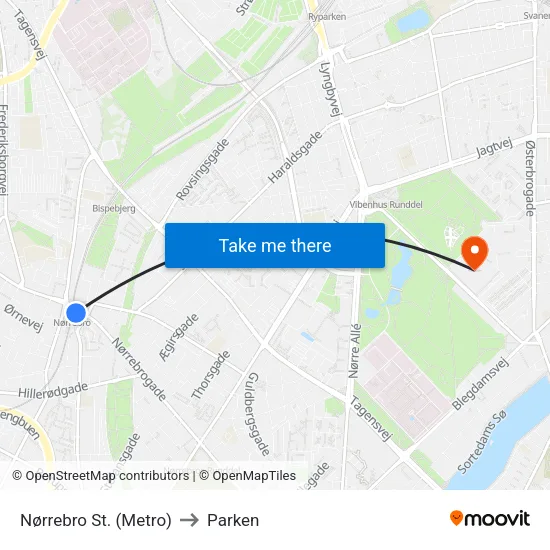 Nørrebro St. (Metro) to Parken map