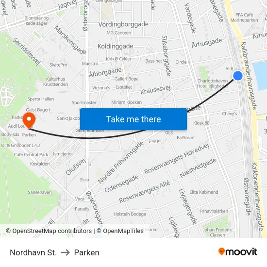 Nordhavn St. to Parken map
