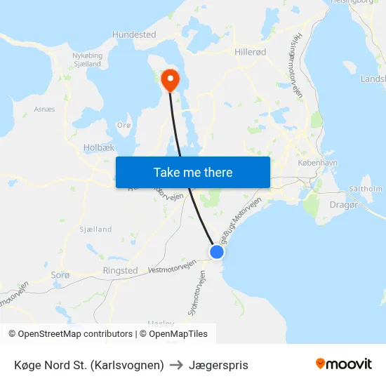 Køge Nord St. (Karlsvognen) to Jægerspris map