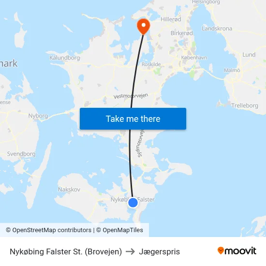 Nykøbing Falster St. (Brovejen) to Jægerspris map